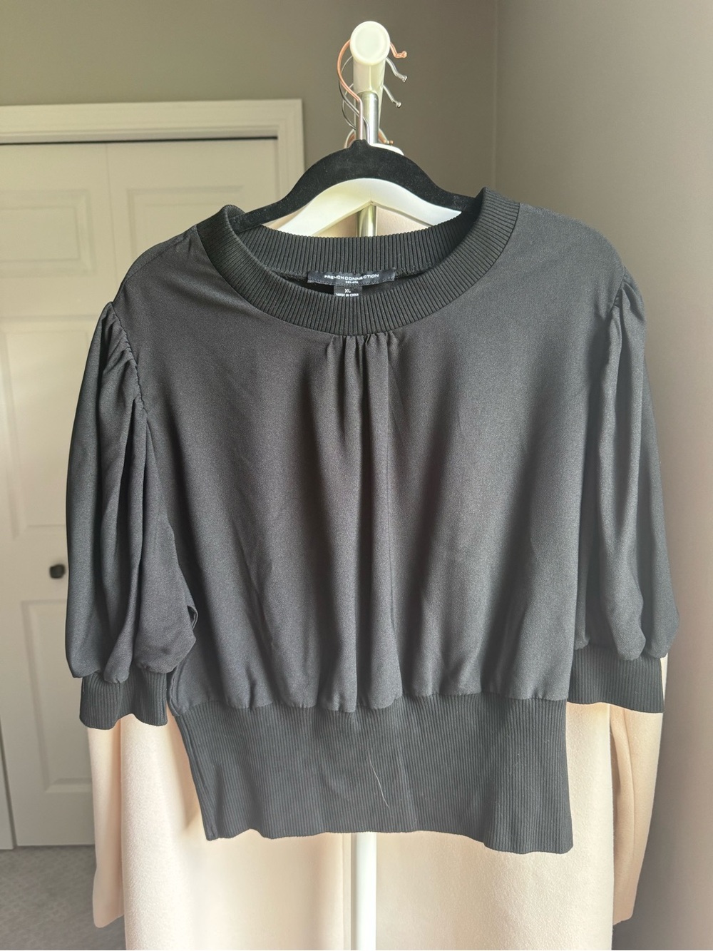 French Connection Black Puff-Sleeve Ribbed Hem Sweatshirt